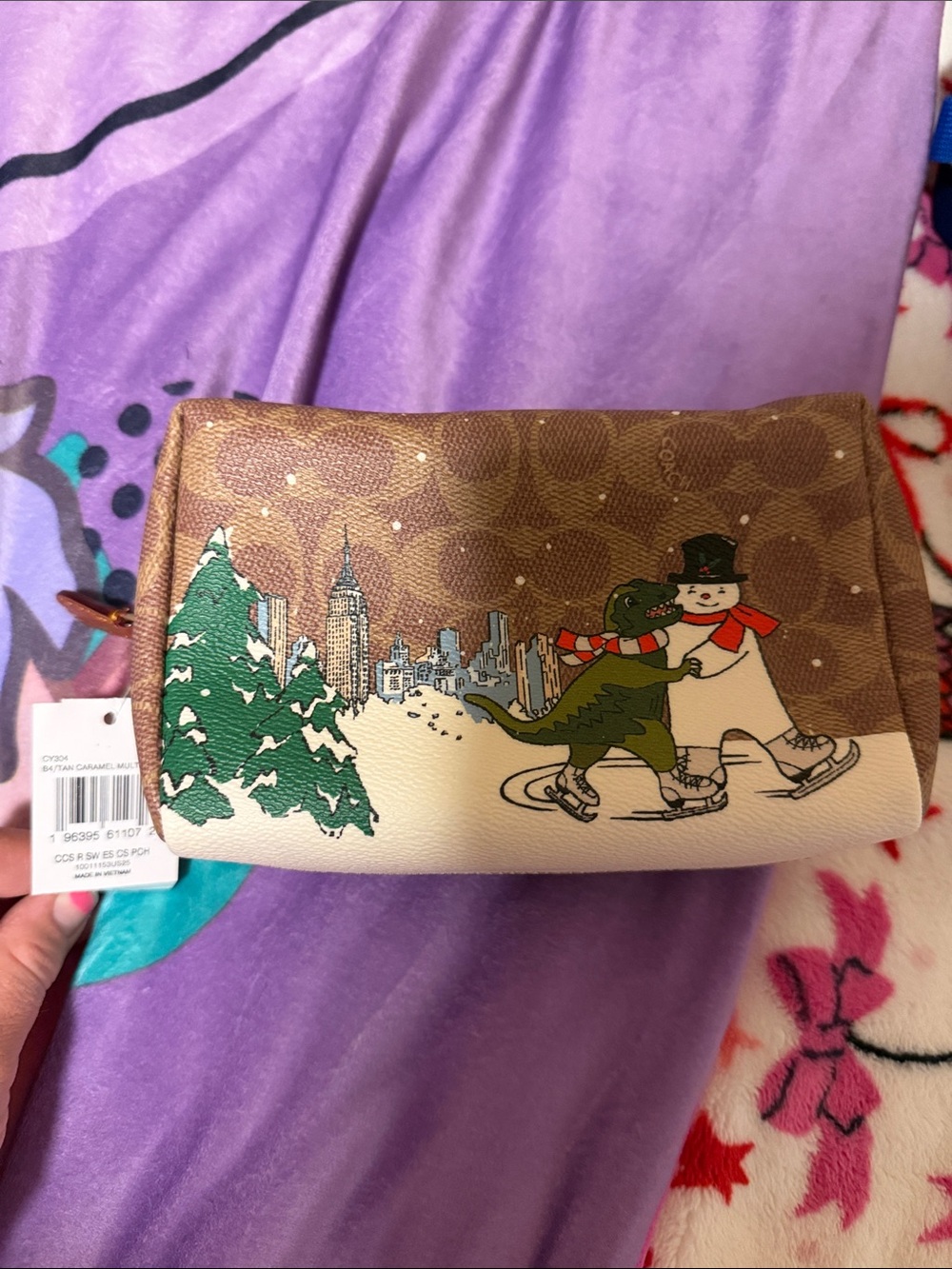 NWT Coach Rexy Dinosaur & Snowman Holiday Cosmetic Pouch Case CY304